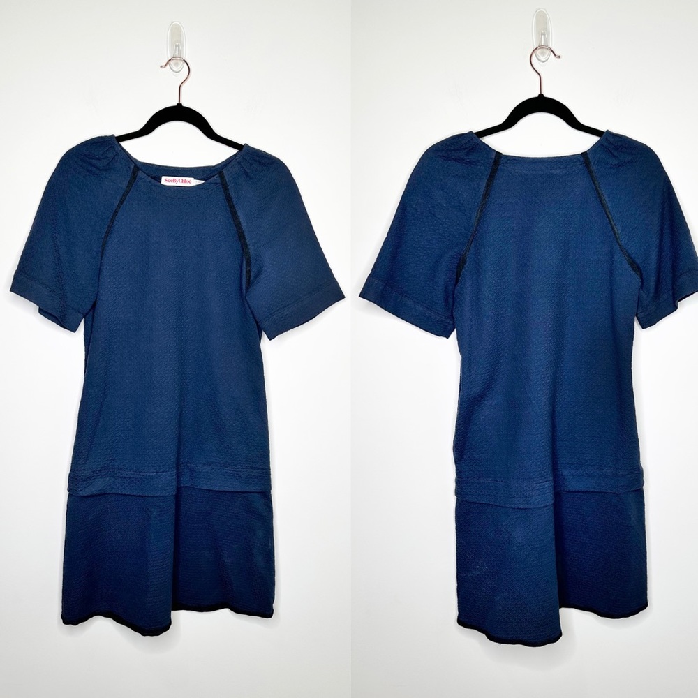 See by Chloe Textured Shift Mini Dress in Navy Blue